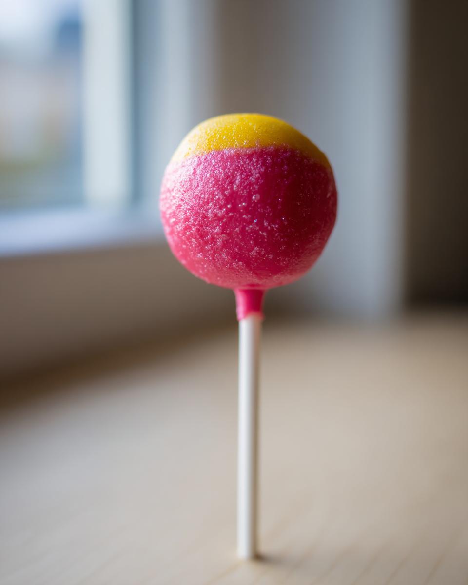 A close-up of a homemade starbucks cake pop, dipped in bright pink and yellow coating, standing on a white stick.