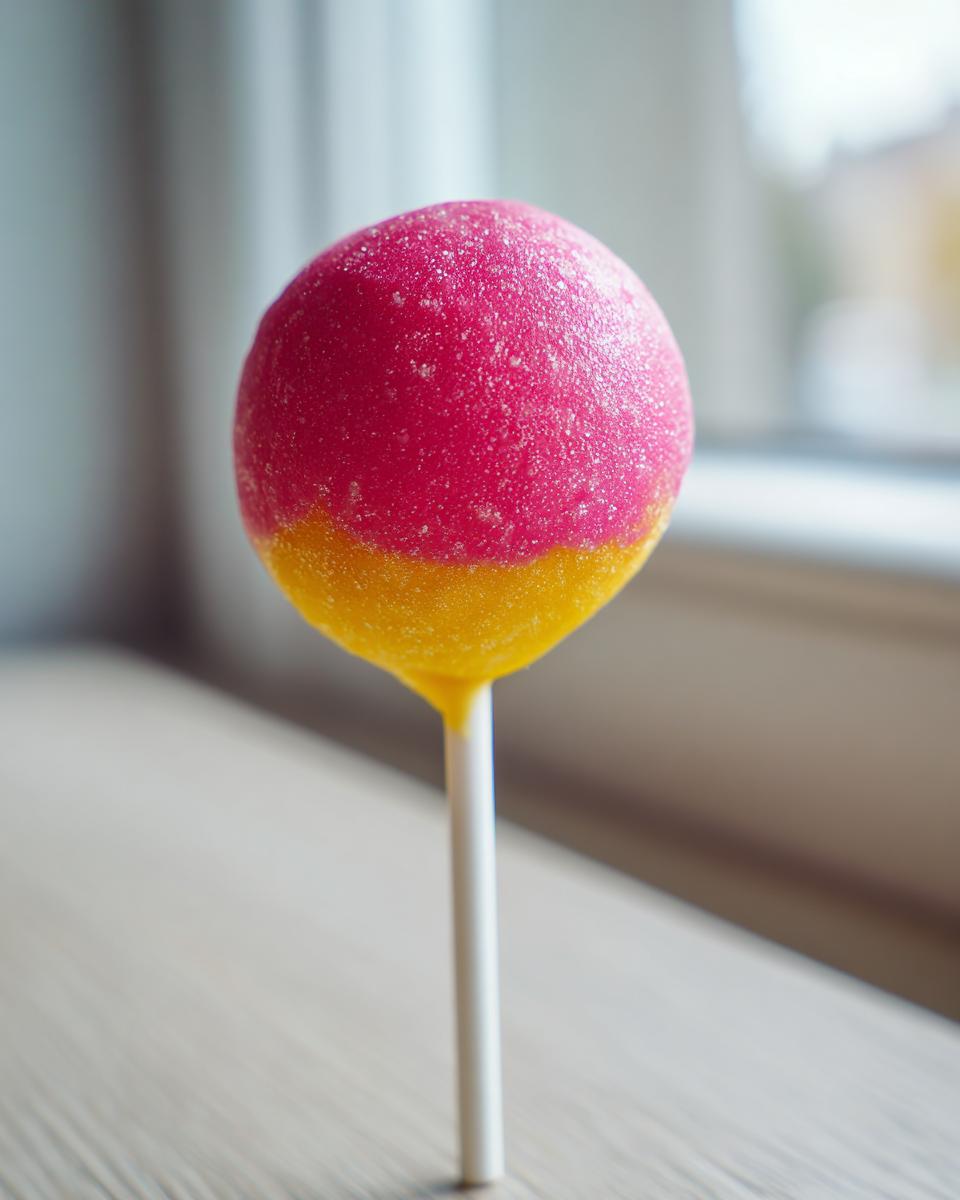 A close-up of a vibrant, two-toned pink and yellow starbucks cake pop covered in sprinkles on a white stick.