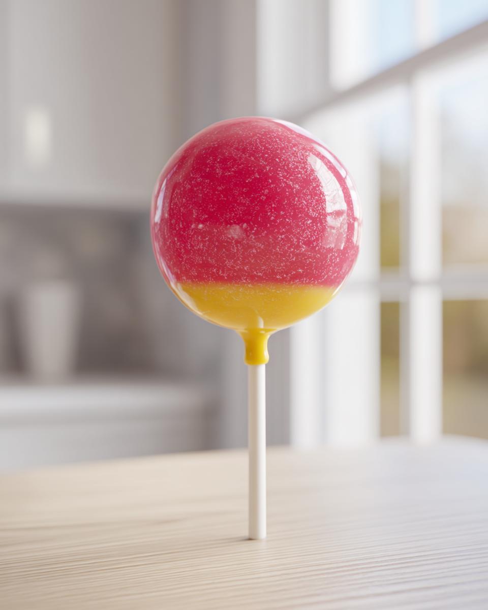 A vibrant, spherical Starbucks cake pop dipped in sparkling pink and yellow coating, standing upright on a white stick.