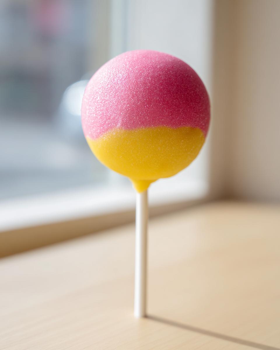 A perfectly round, two-toned starbucks cake pop, half pink and half yellow, on a white stick.