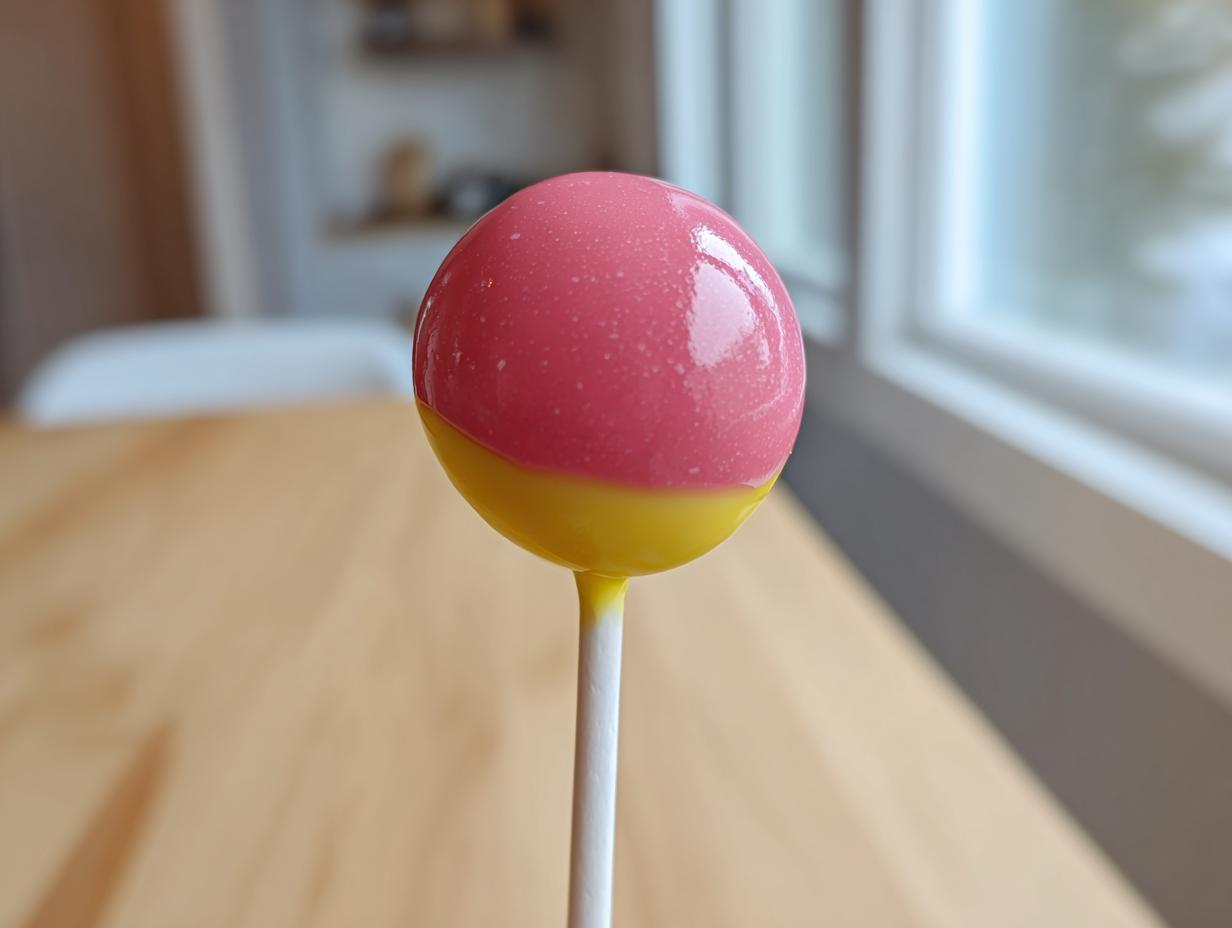 Close-up of a homemade starbucks cake pop dipped in bright pink and yellow candy coating on a white stick.