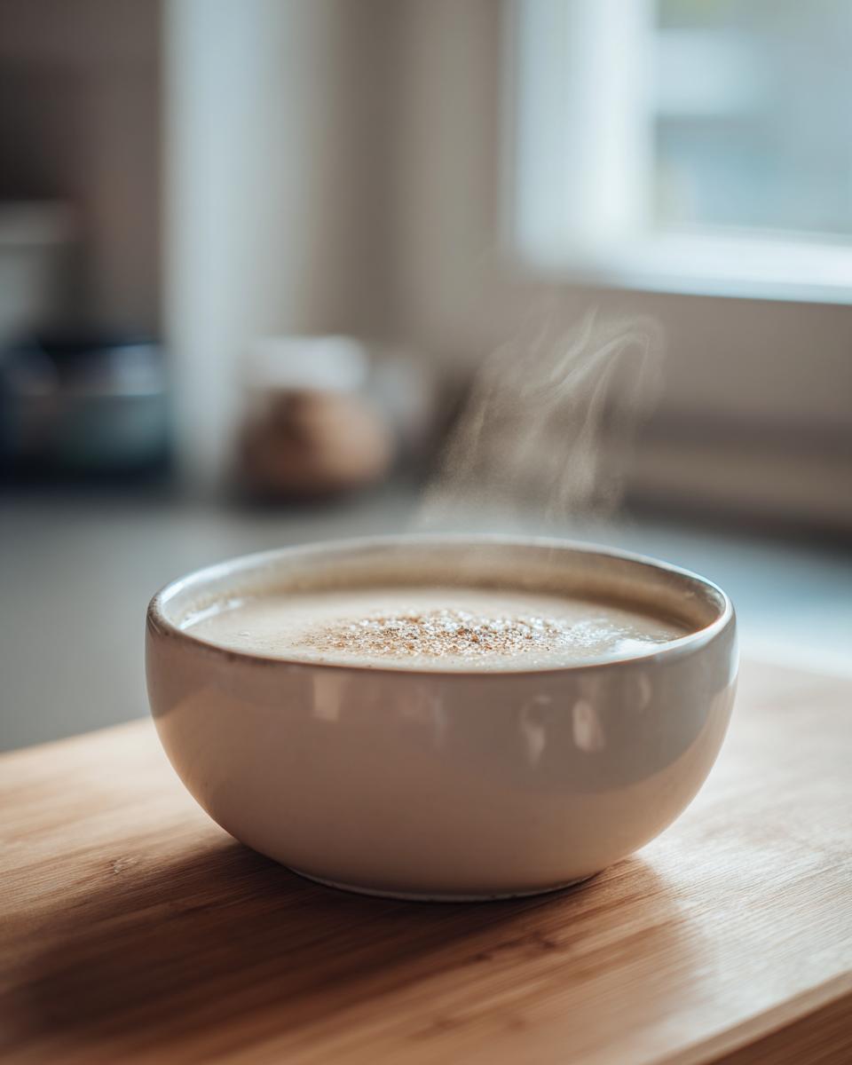A steaming bowl of creamy garlic soup, garnished with spices, sitting on a wooden board.