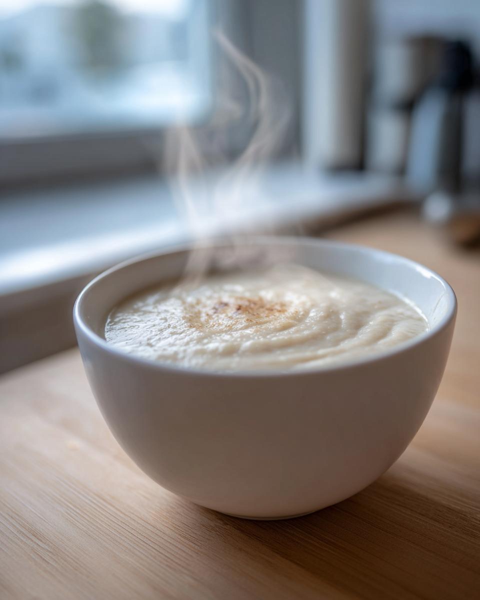 A close-up of a steaming white bowl filled with creamy garlic soup, garnished lightly, sitting on a wooden surface.
