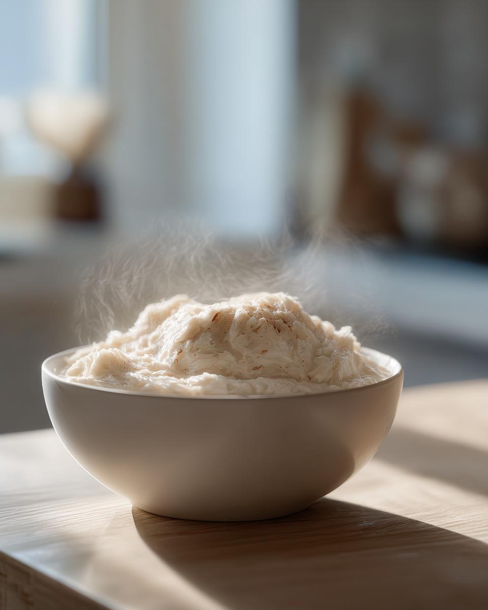 A white bowl filled with steaming, creamy garlic soup, sitting on a wooden table.