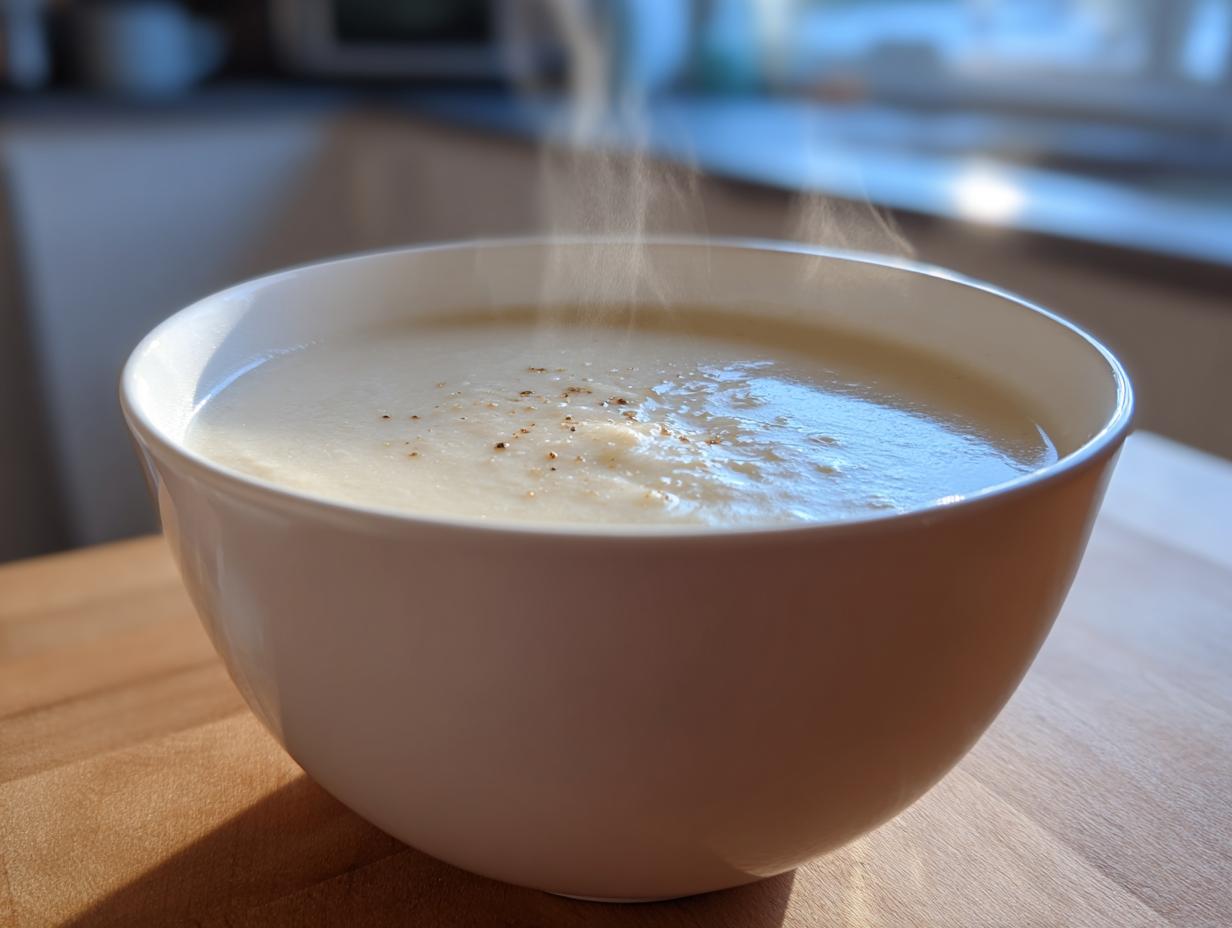 Close-up of a steaming white bowl filled with creamy garlic soup, seasoned with pepper.