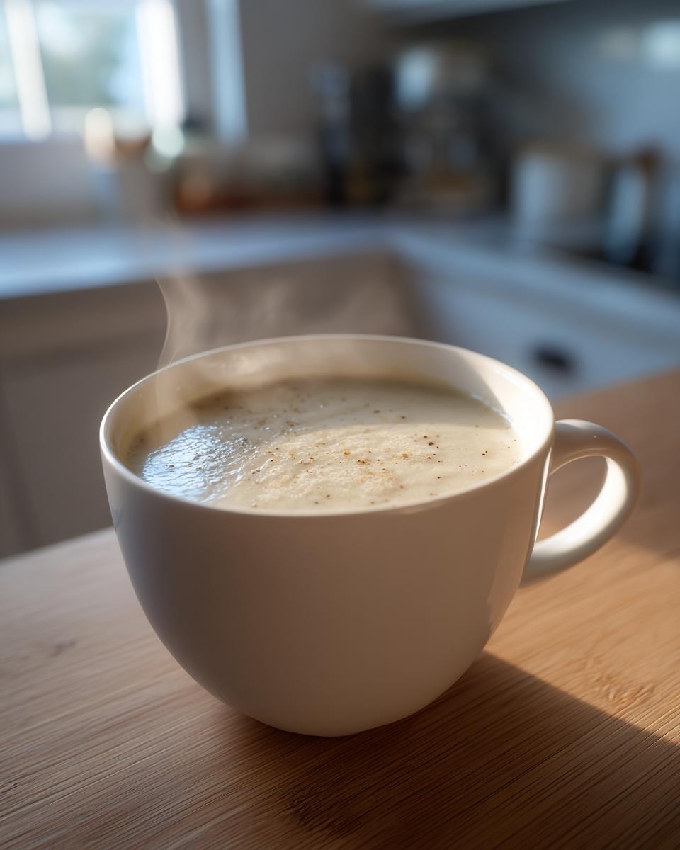 A white mug filled with hot, creamy garlic soup, steaming gently on a wooden surface.