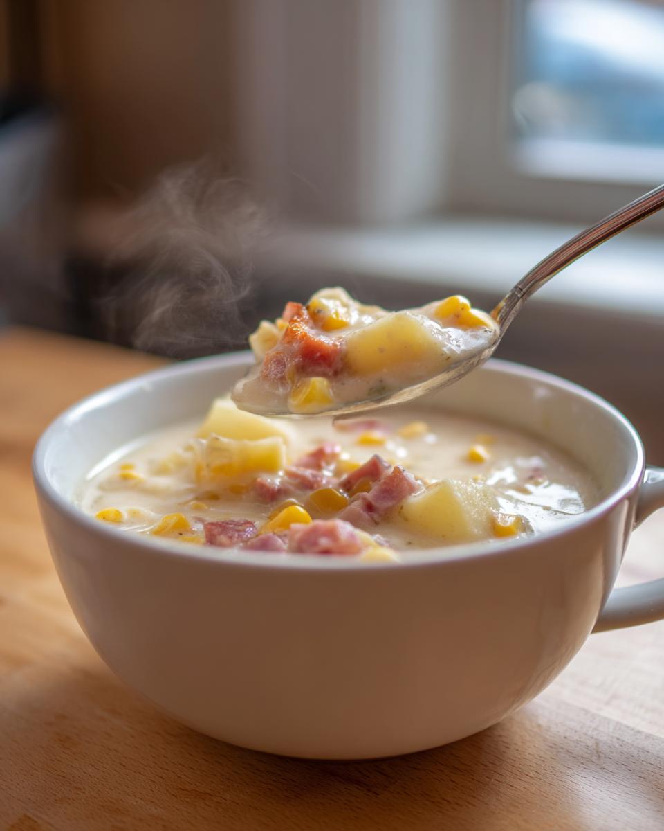 A spoonful of hot ham potato corn chowder being lifted from a white bowl, showing visible steam.