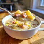 A spoonful of steaming ham potato corn chowder lifted from a white bowl, showing chunks of ham, potato, and corn.