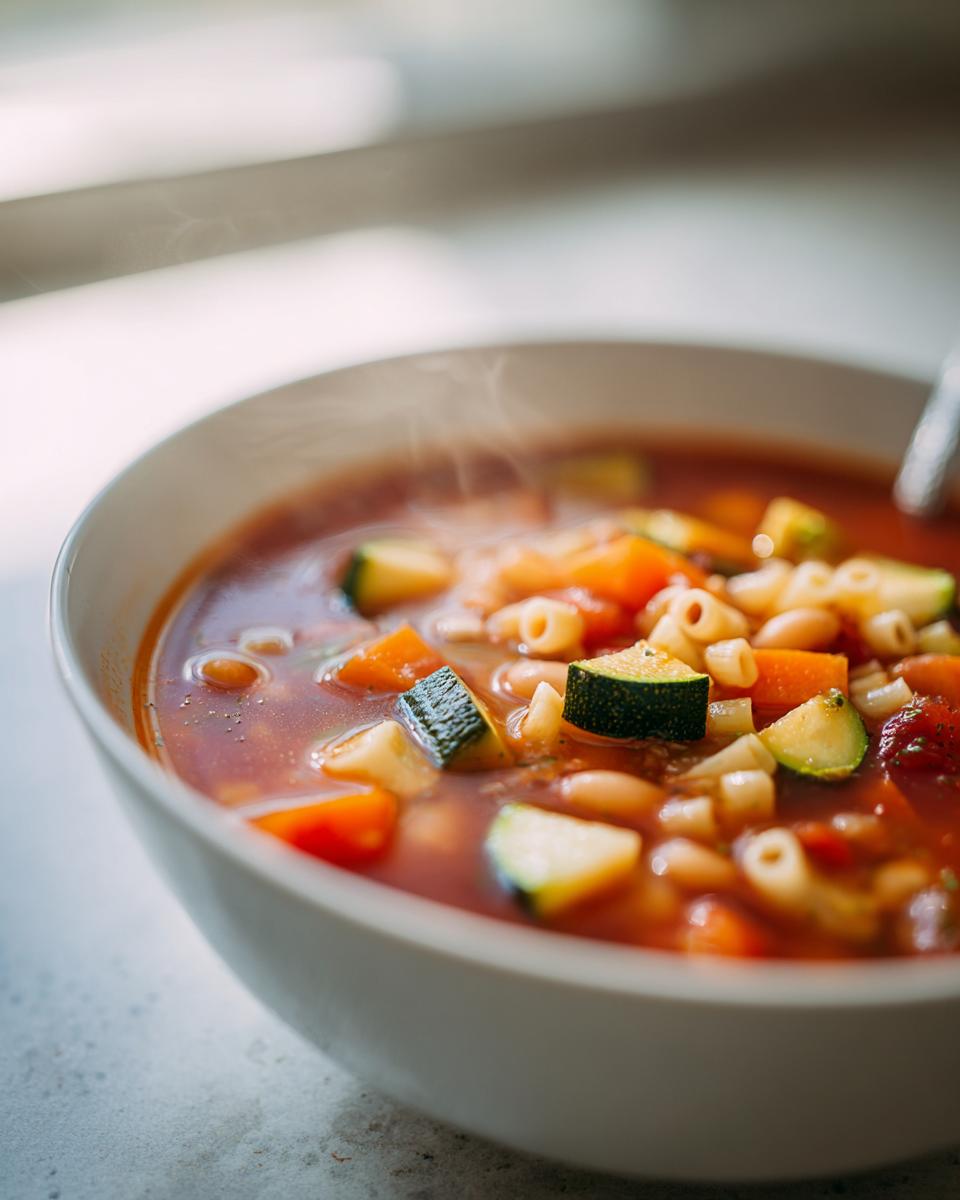 Close-up of a steaming white bowl filled with rich, tomato-based minestrone soup featuring zucchini, carrots, and small pasta.