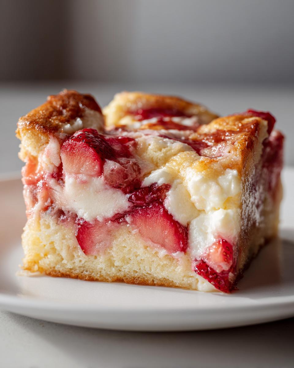 Close-up of a moist slice of strawberry cheesecake dump cake showing layers of cake, bright red strawberries, and creamy white filling.