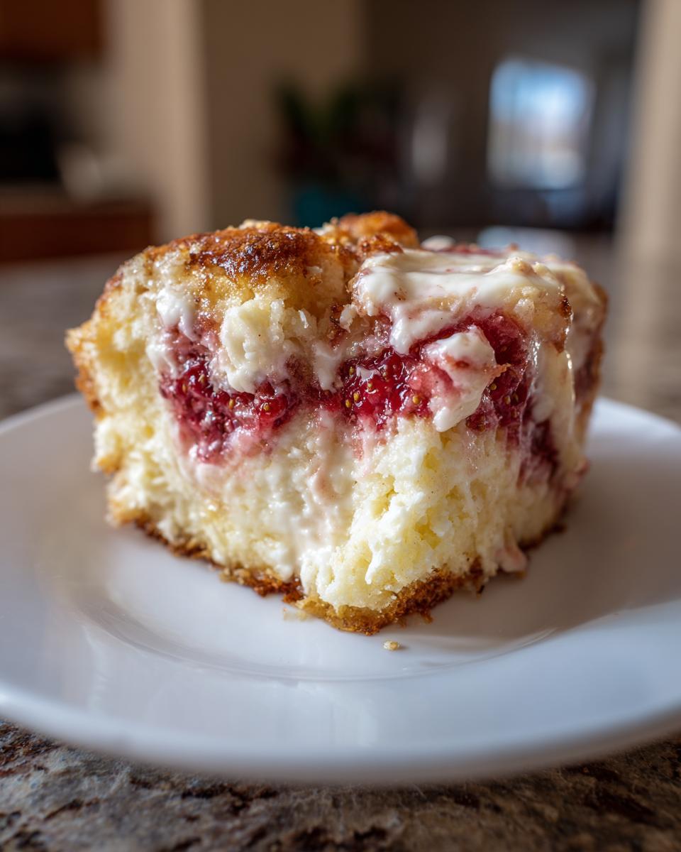 Close-up of a moist slice of strawberry cheesecake dump cake showing layers of cake, creamy cheesecake filling, and strawberry preserves.