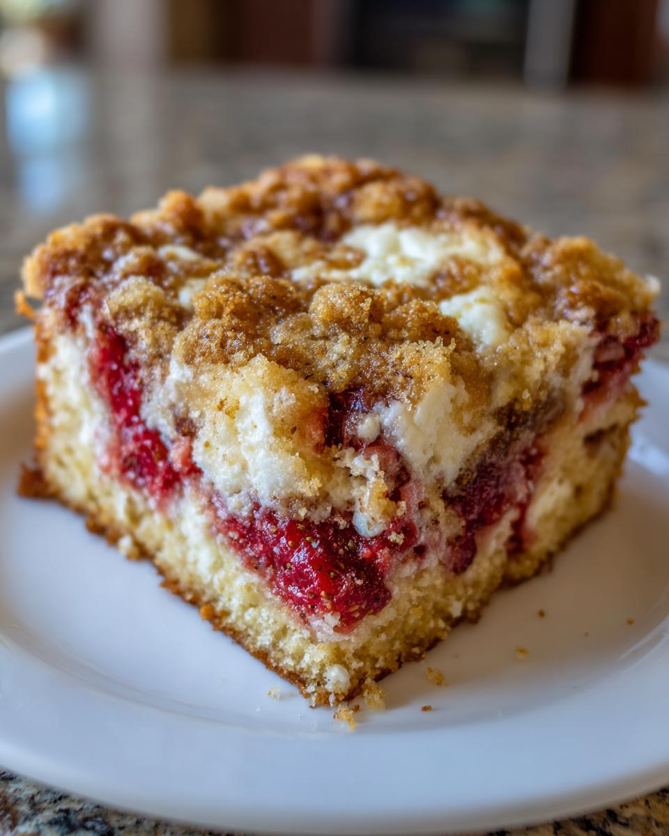 A close-up of a square slice of strawberry cheesecake dump cake showing layers of cake, bright red strawberries, cream cheese, and a brown streusel topping.