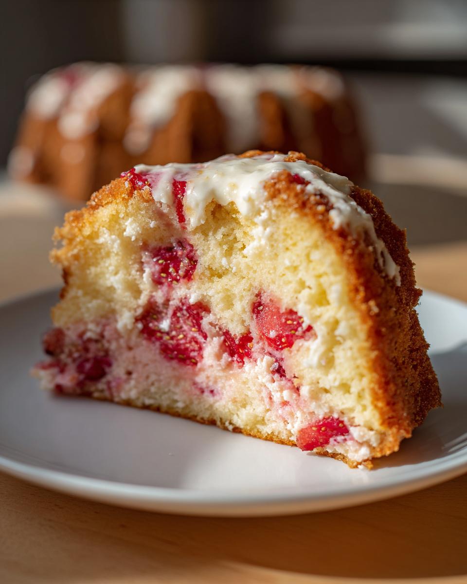 Close-up of a slice of strawberry cheesecake dump cake showing moist cake, strawberries, and cream cheese filling with white glaze.