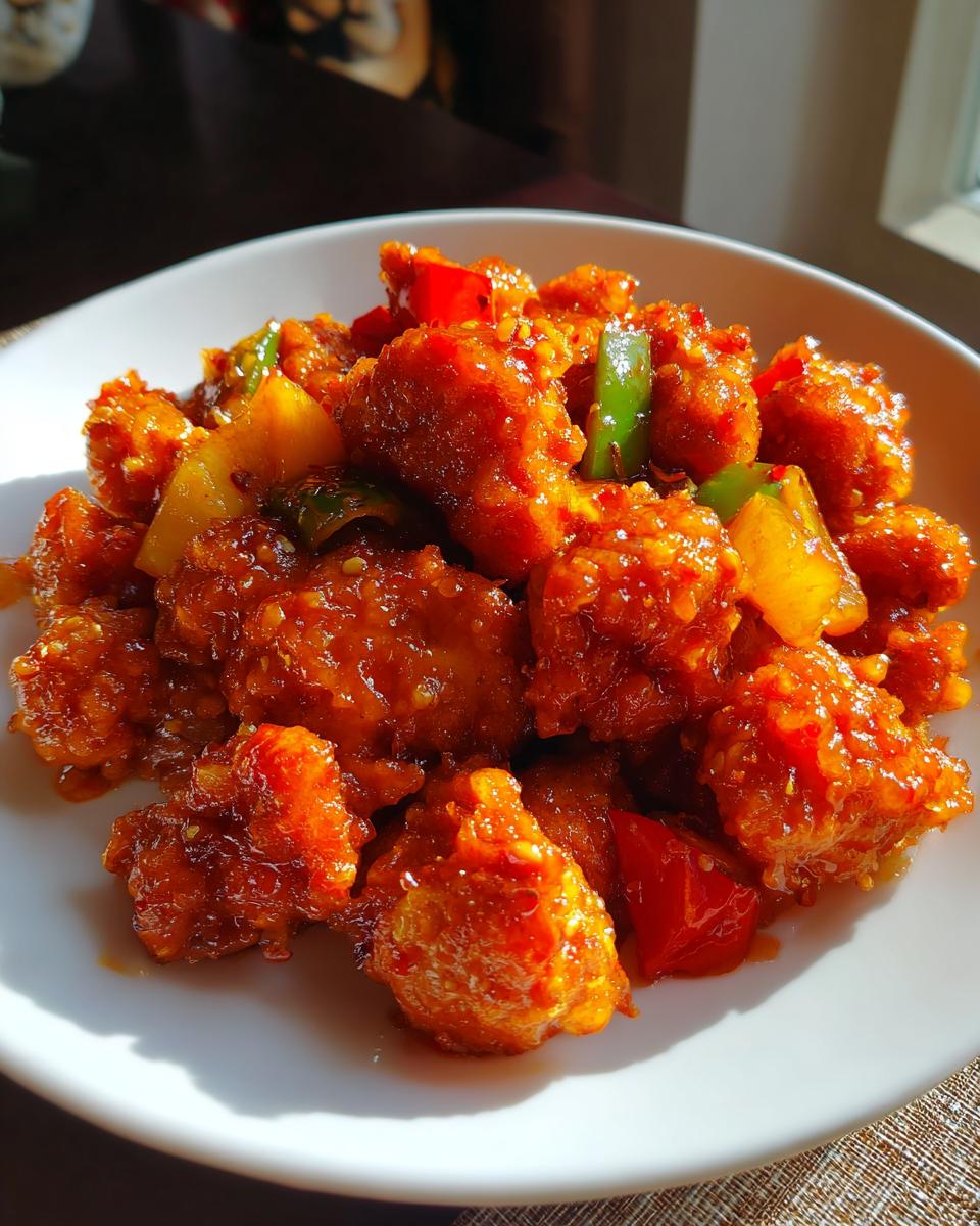 A white bowl filled with glossy, orange-red pieces of sweet and sour chicken mixed with chunks of pineapple and bell peppers.