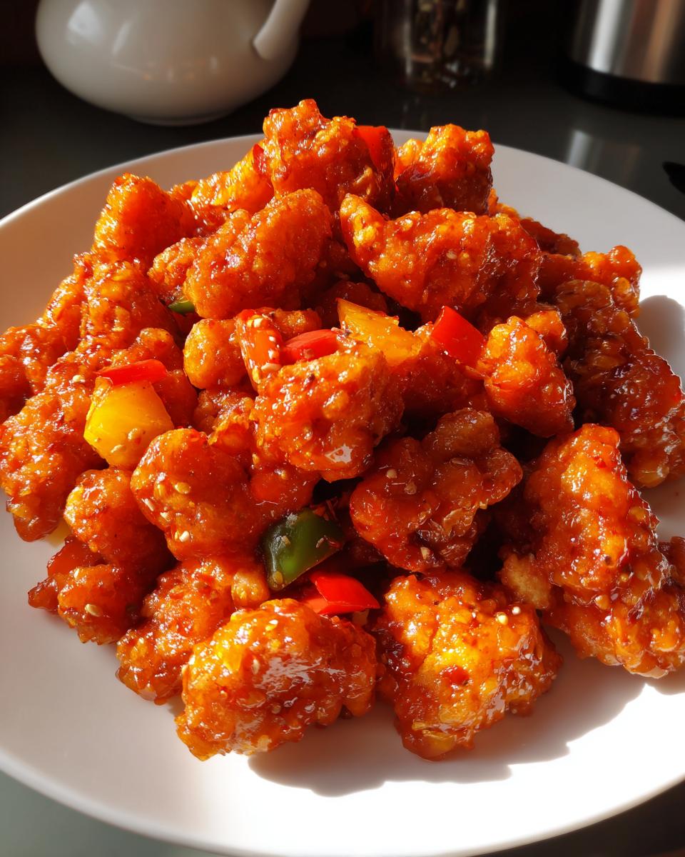A heaping plate of crispy, glazed sweet and sour chicken pieces mixed with chunks of red and green peppers.