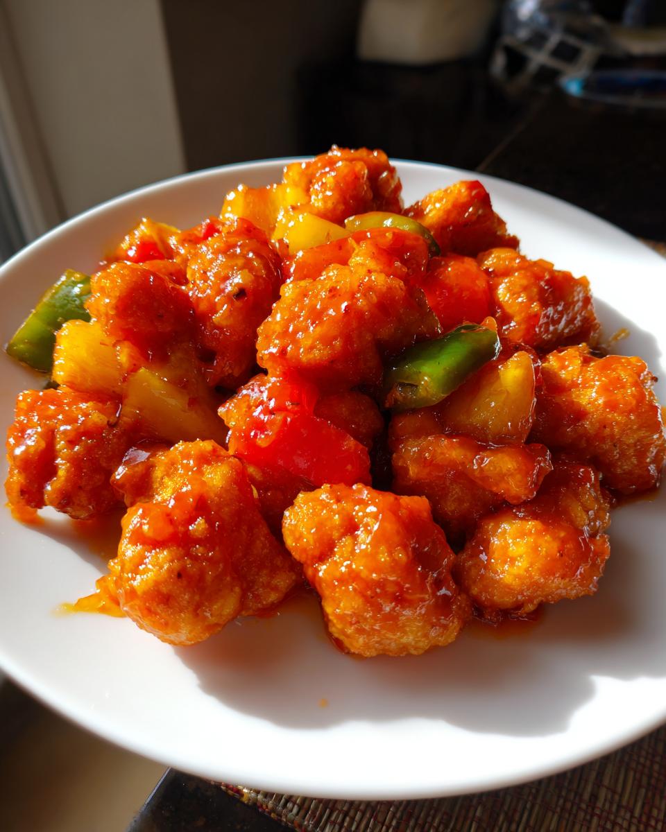A plate of crispy, glazed sweet and sour chicken mixed with pineapple and bell peppers.