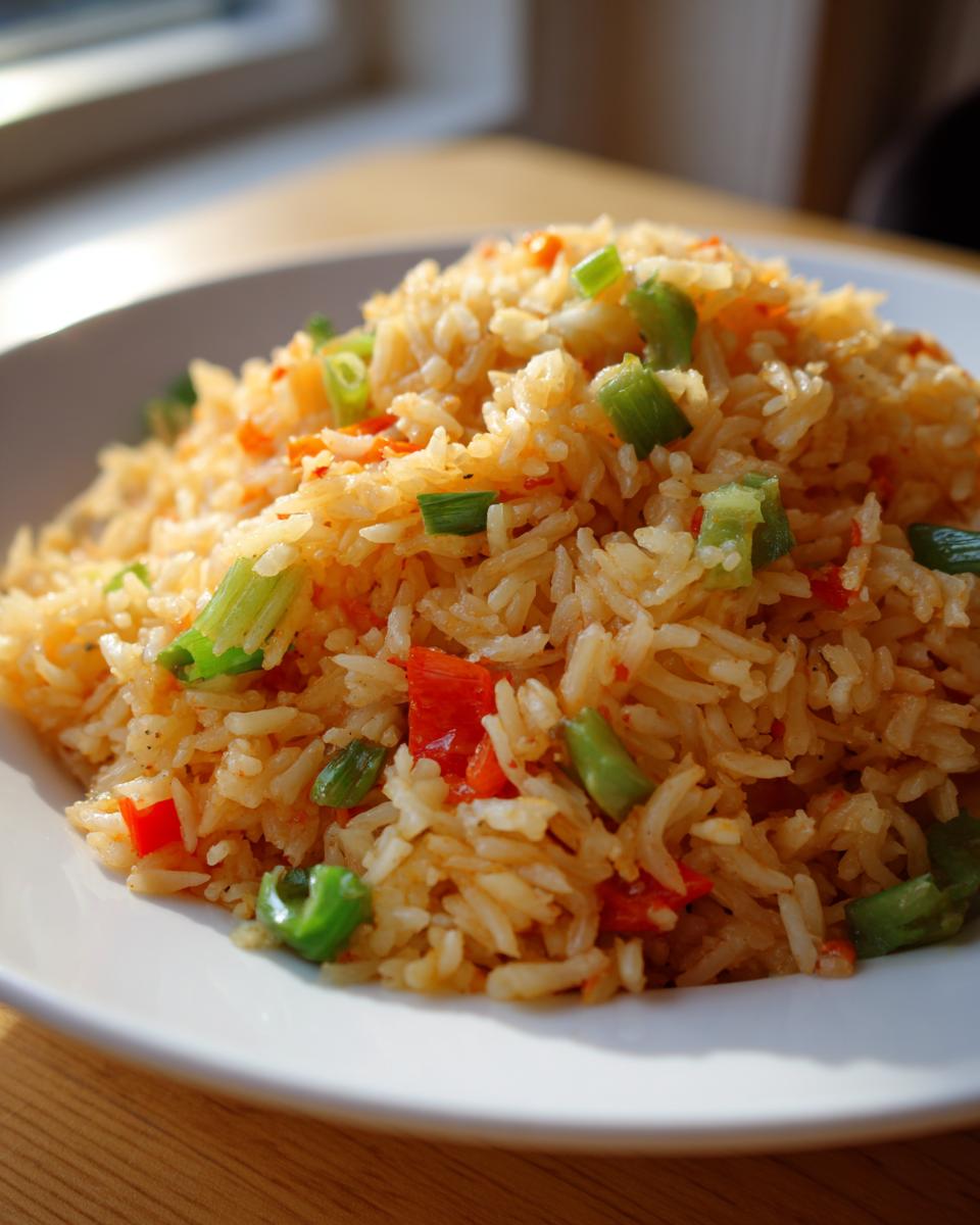 A close-up of a mound of Texas Roadhouse seasoned rice mixed with chopped green onions and red peppers on a white plate.