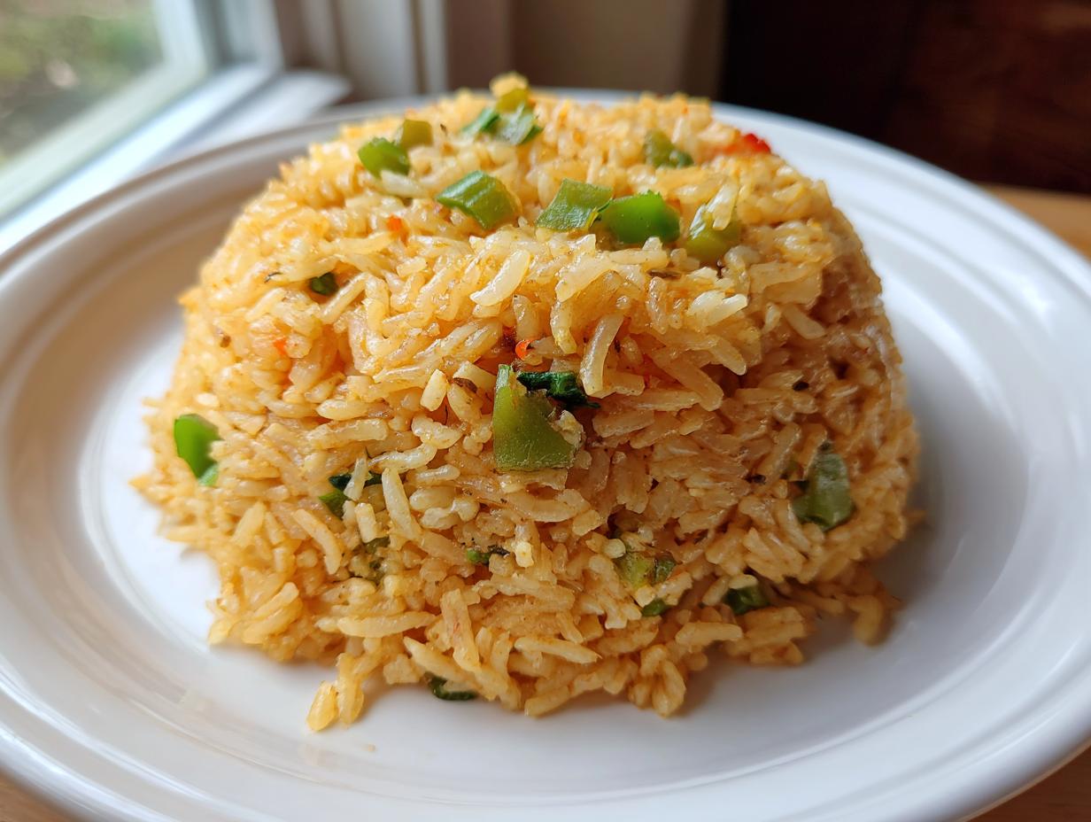 A perfectly molded serving of flavorful texas roadhouse seasoned rice topped with green peppers on a white plate.