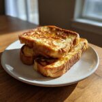 Three thick slices of golden brown texas toast french toast stacked on a light plate.