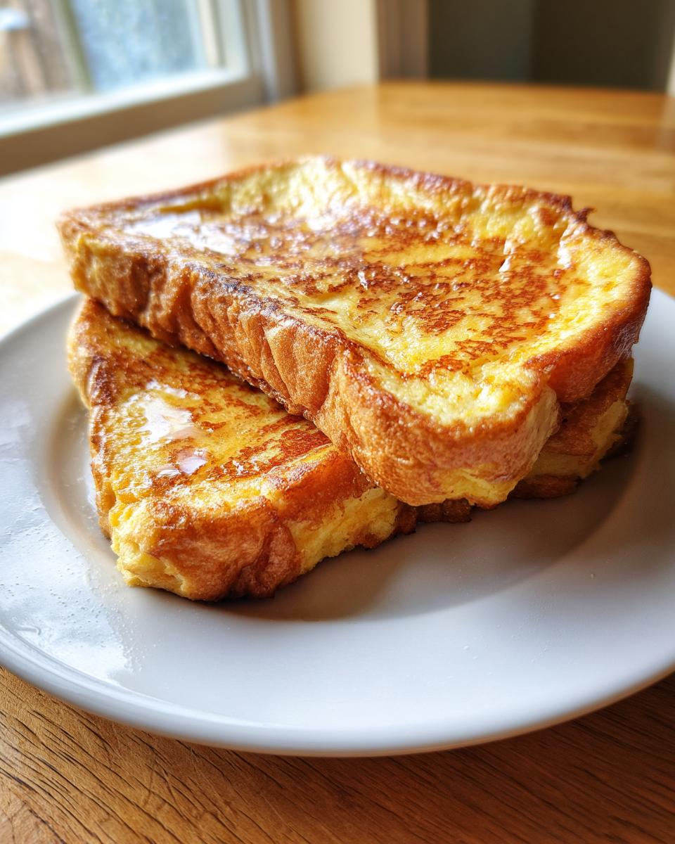 Two thick slices of golden brown texas toast french toast stacked on a white plate, drizzled with syrup.