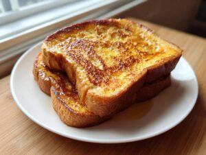 Two thick slices of golden brown texas toast french toast stacked on a white plate, drizzled with syrup.