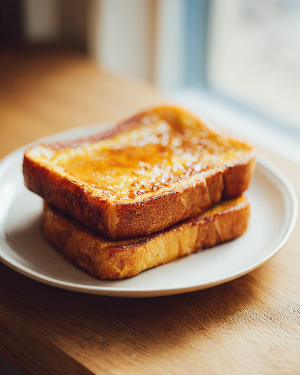Two thick slices of golden brown texas toast french toast stacked on a white plate, glistening with syrup.