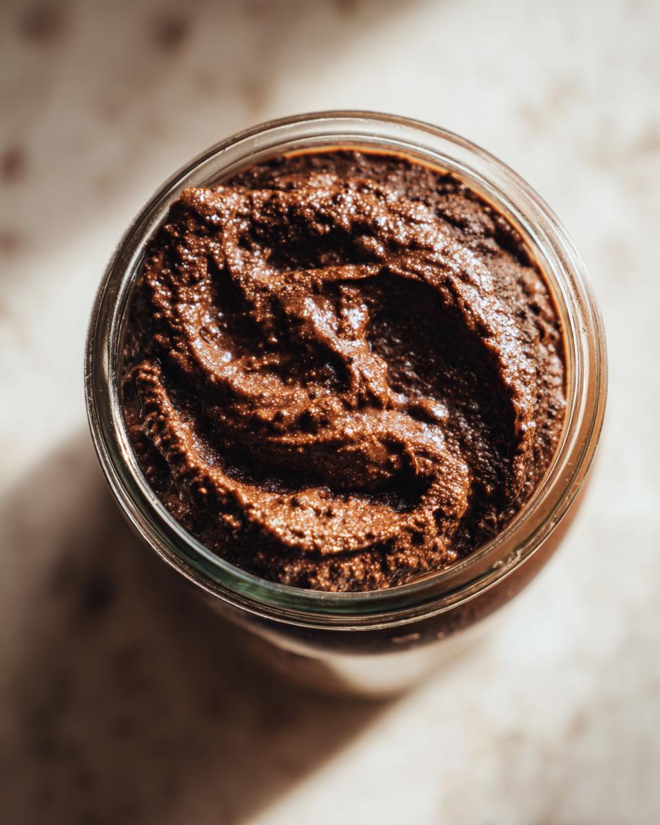Overhead view of thick, rich chocolate overnight oats mixture swirled inside a glass jar.