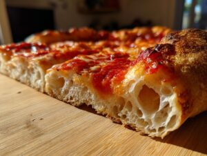 Close-up of the airy, open crumb structure of thick-crust pizza dough topped with sauce and cheese.