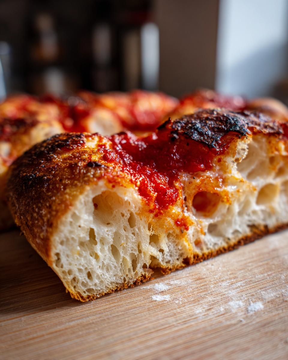 Close-up showing the airy crumb structure of thick-crust pizza dough topped with bright red sauce.