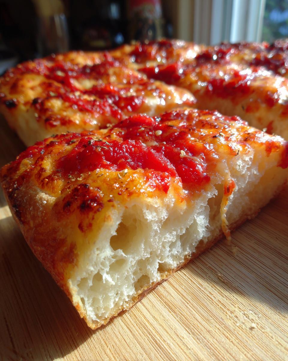 A slice showing the airy interior crumb of the amazing thick-crust pizza dough topped with bright red sauce.