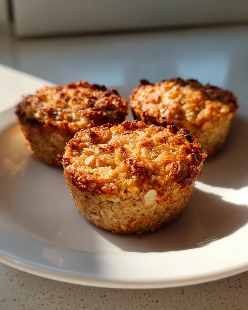 Three golden-brown baked banana oatmeal cups sitting on a white plate, catching bright sunlight.