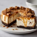 A slice cut from a rich toffee caramel no bake cheesecake, drizzled with caramel and topped with crunchy toffee pieces.