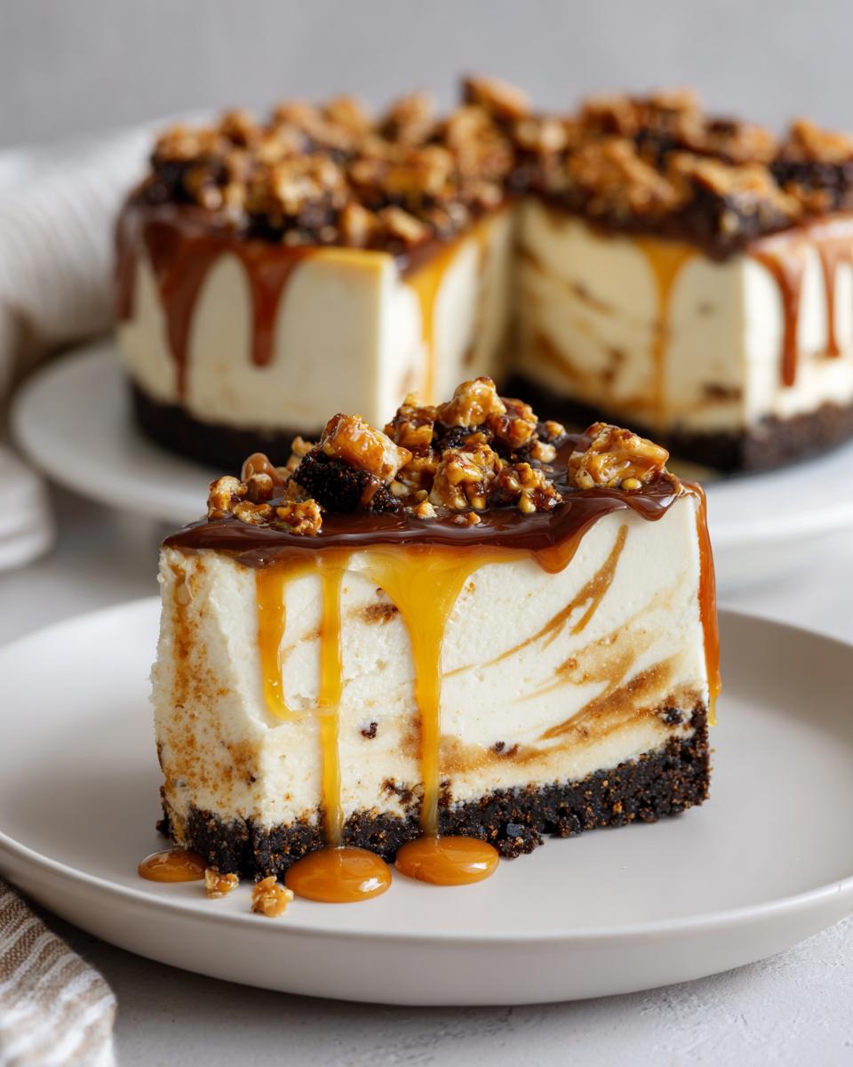 A decadent slice of toffee caramel no bake cheesecake with thick caramel drizzle and nut topping.
