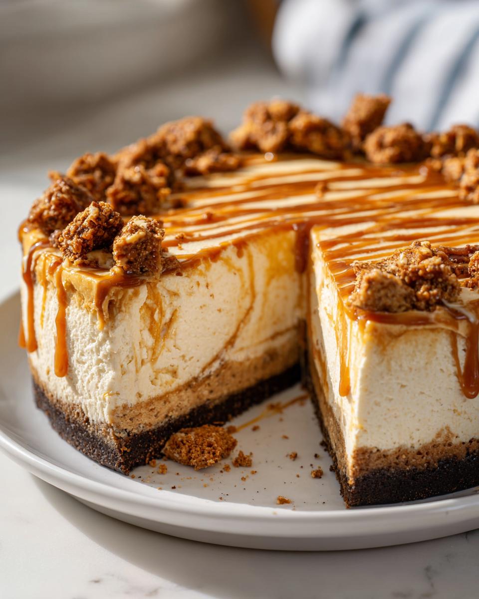 Close-up of a rich toffee caramel no bake cheesecake with a slice removed, drizzled with caramel and topped with crunchy clusters.