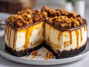 Close-up of a slice removed from a toffee caramel no bake cheesecake, showing creamy filling, dark crust, and caramel drips.