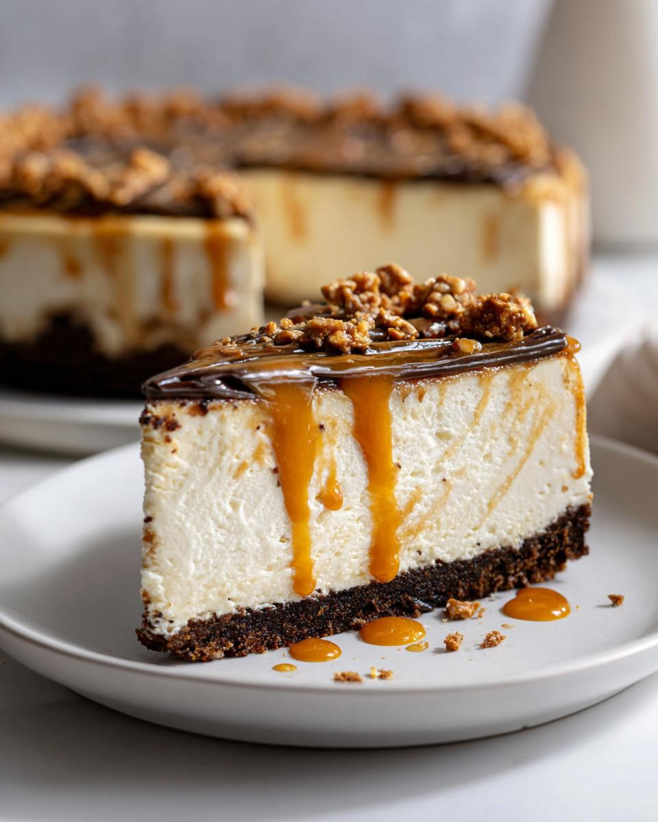 A decadent slice of toffee caramel no bake cheesecake featuring a thick crust, creamy filling, and dripping caramel sauce.