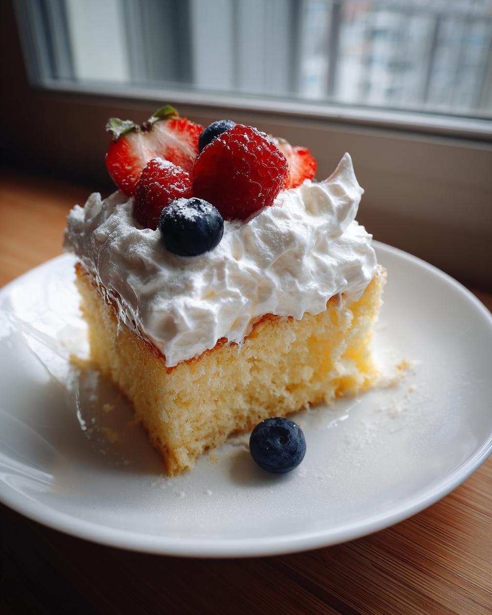 A moist slice of tres leches cake topped with whipped cream, strawberries, raspberries, and blueberries.