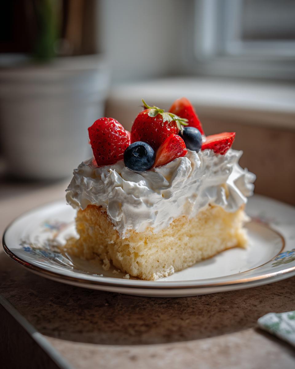 A moist slice of tres leches cake topped with whipped cream, fresh strawberries, and blueberries on a decorative plate.
