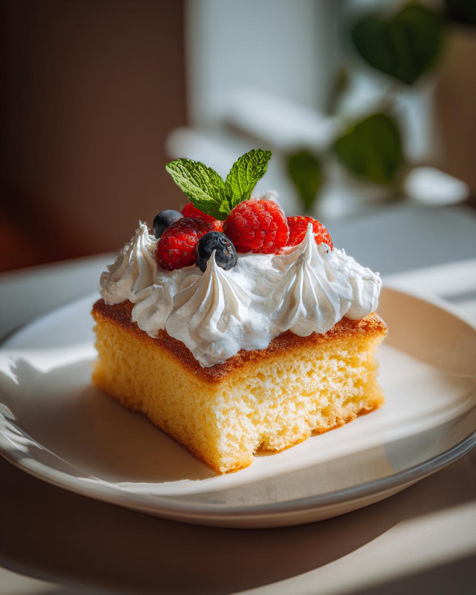 A square slice of moist tres leches cake topped with piped whipped cream, fresh raspberries, blueberries, and mint.