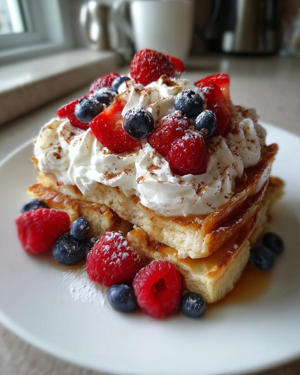 A tall stack of moist tres leches pancakes topped with whipped cream, fresh strawberries, blueberries, and raspberries.