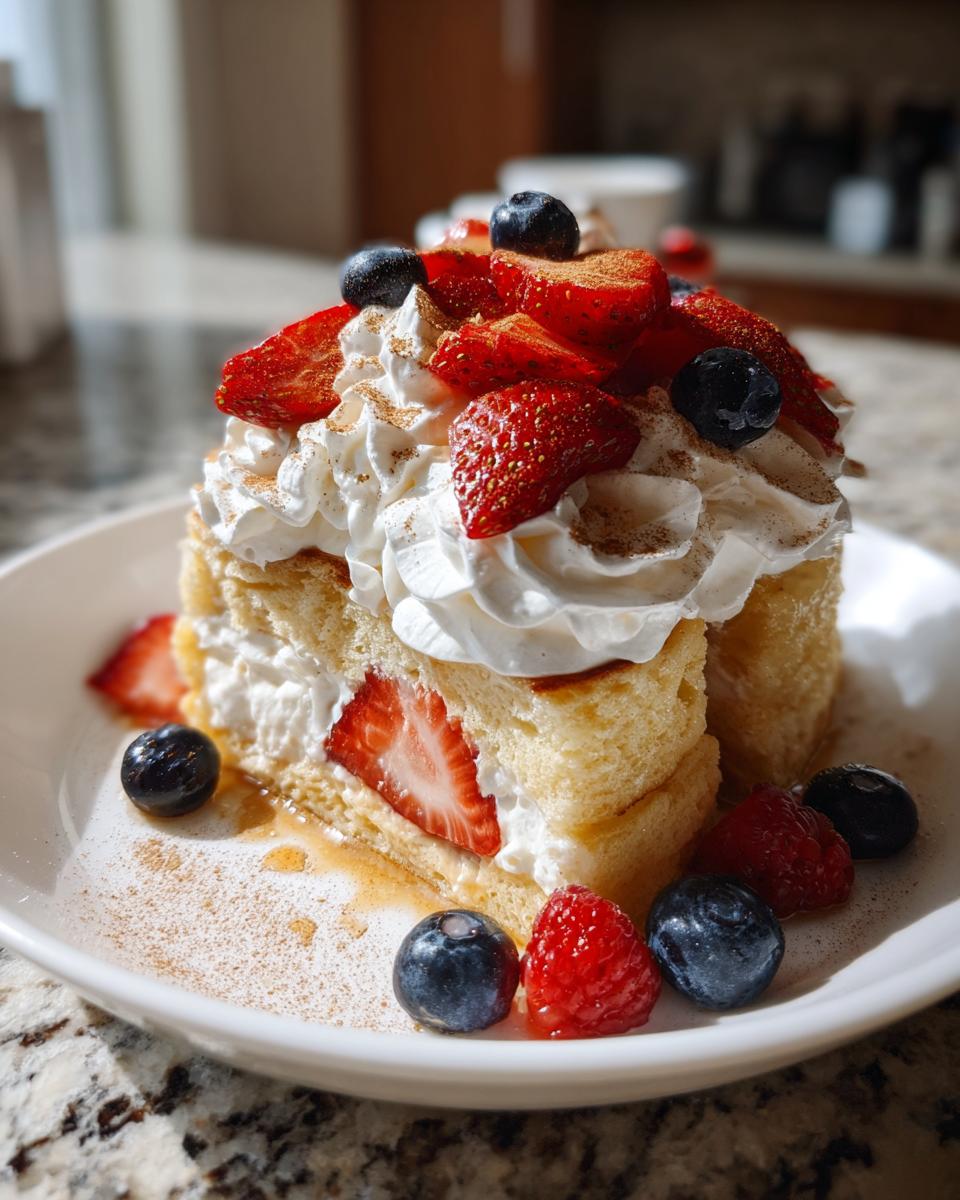 A tall stack of moist tres leches pancakes layered with whipped cream and fresh strawberries and blueberries.