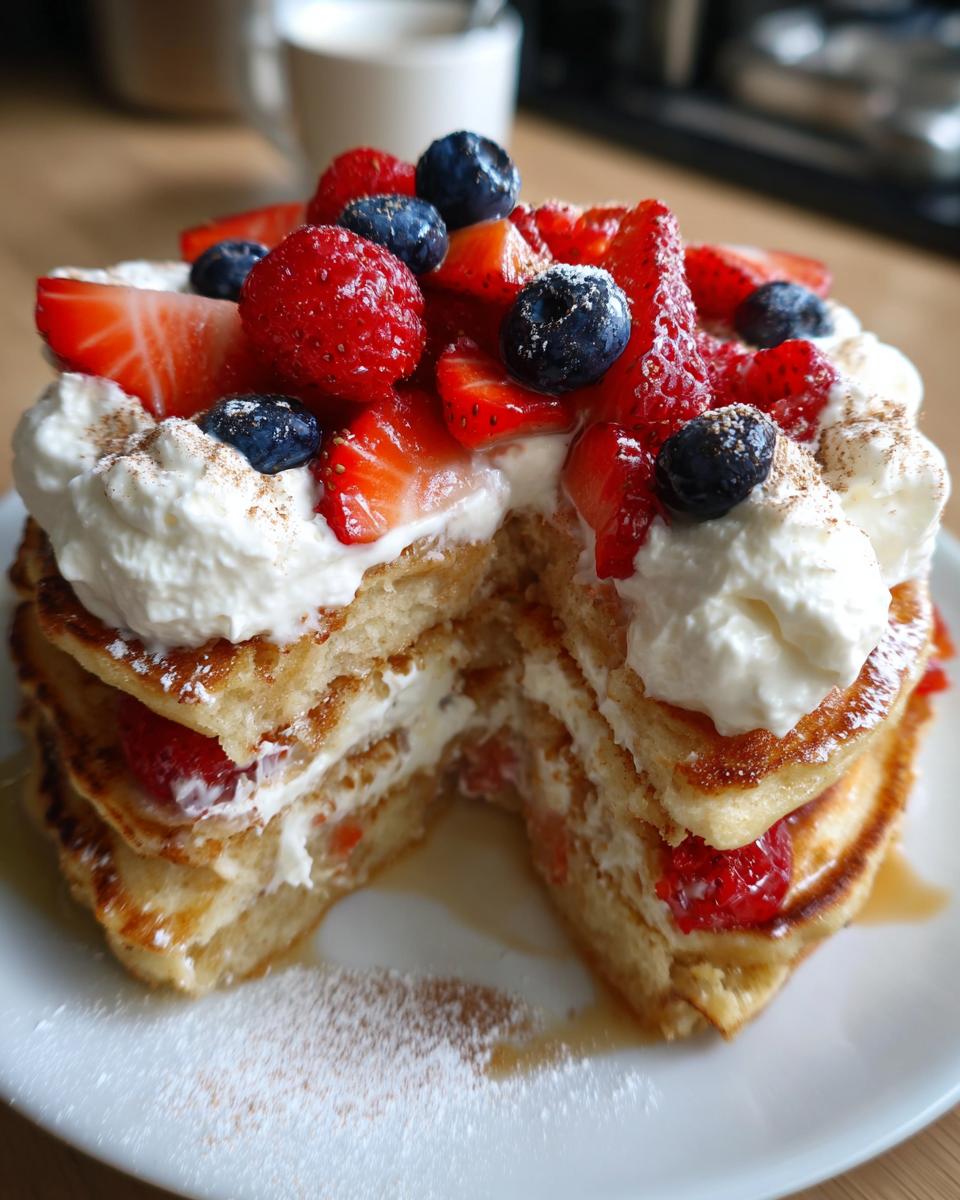 A tall stack of moist tres leches pancakes cut open to show layers of cream and berries, topped with whipped cream, strawberries, blueberries, and raspberries.