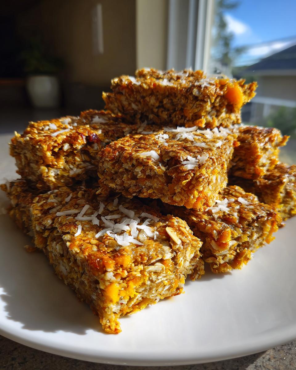 A stack of chewy tropical mango flapjacks delight bars topped with shredded coconut, brightly lit by sunlight.