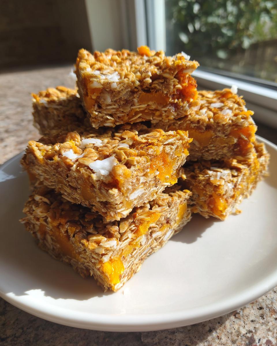 A stack of homemade tropical mango flapjacks delight bars topped with coconut flakes on a white plate.