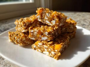 Close-up of stacked, chewy tropical mango flapjacks delight bars featuring visible oats and chunks of mango.