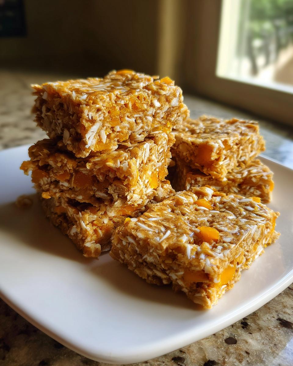 Close-up of stacked homemade tropical mango flapjacks delight bars showing oats and coconut flakes.