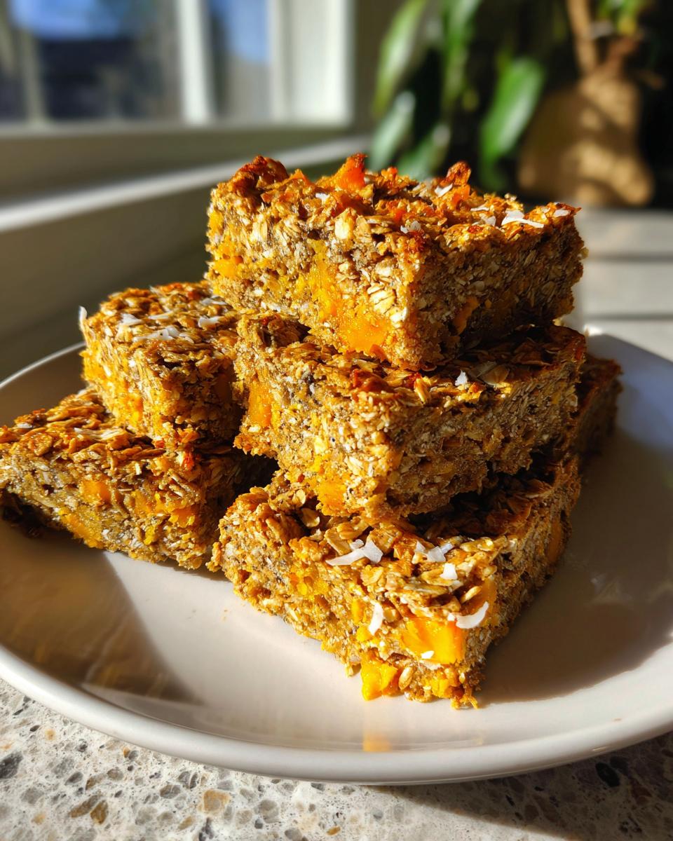 A stack of golden, chewy tropical mango flapjacks delight bars topped with coconut flakes on a white plate.