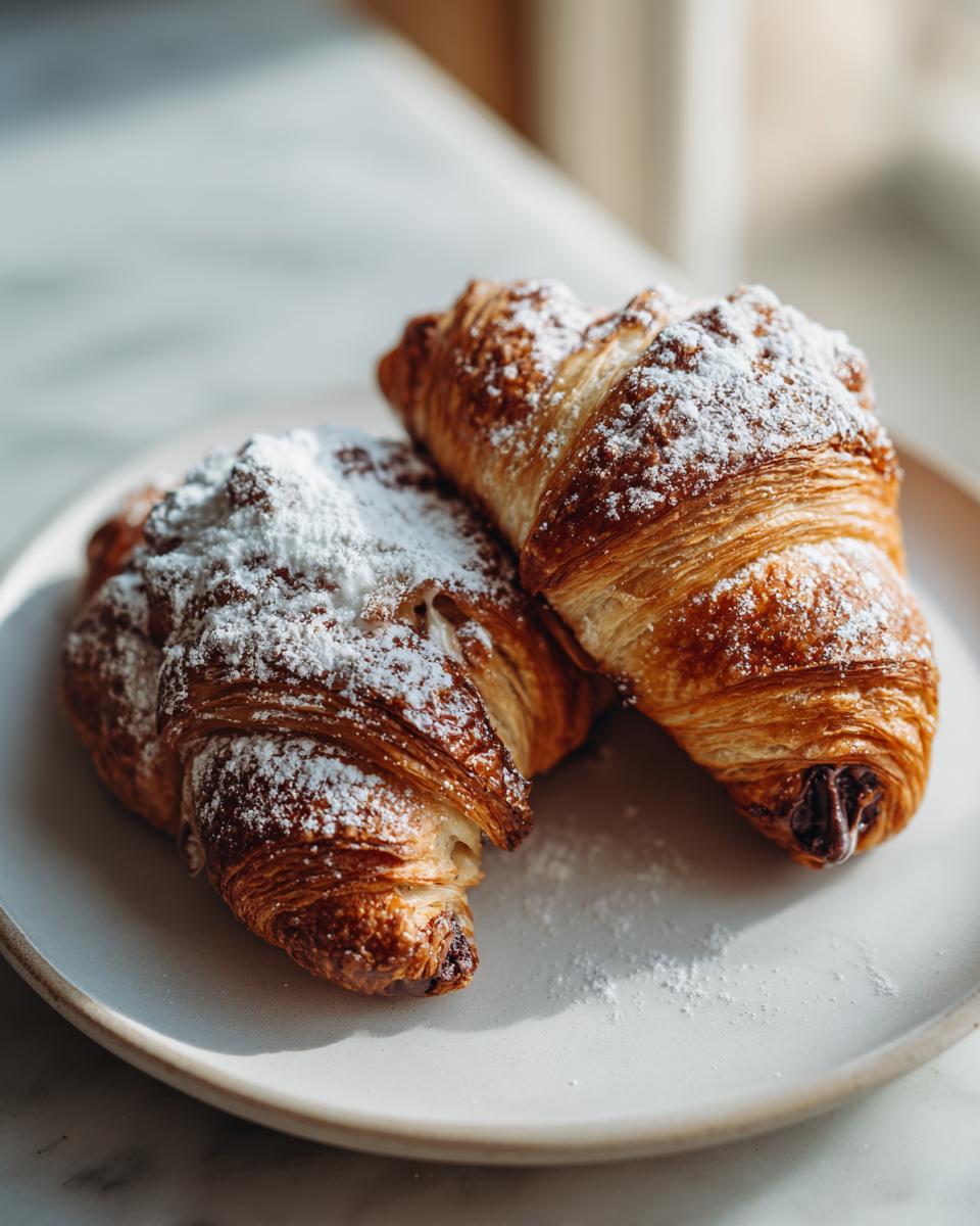 Two golden brown chocolate croissant pastries dusted heavily with white powdered sugar, resting on a light plate.