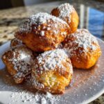 A close-up of several fluffy, golden-brown vanilla french beignets generously dusted with white powdered sugar on a white plate.