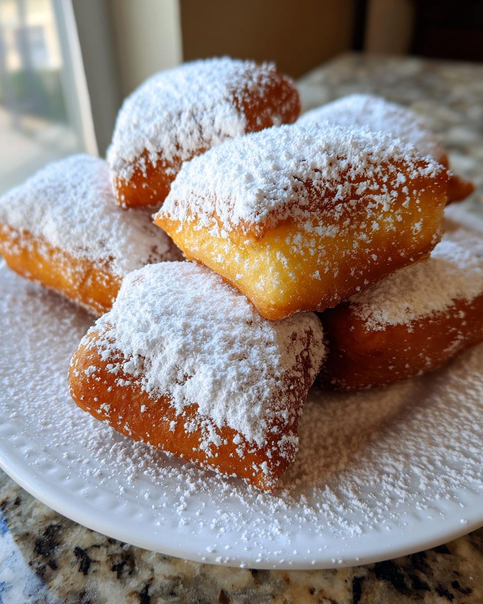 A close-up of several golden brown vanilla french beignets piled on a white plate, heavily dusted with powdered sugar.